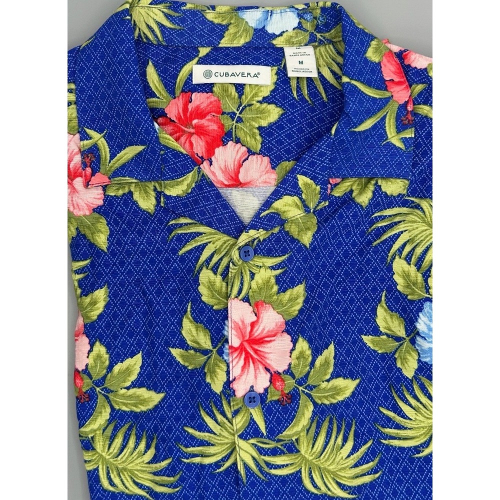 Cubavera Mens Medium Hawaiian Floral Print Button Up Short Sleeve Shirt Blue NWT